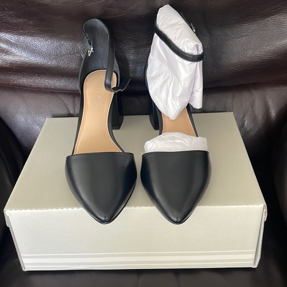 Copper Key Black Pointed Toe Block Heels